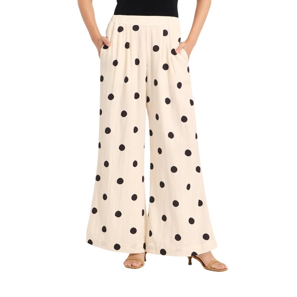 A New Day Women's Cream Polka Dot Linen Blend Wide Leg Pants Size Small
